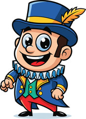 Obraz premium Cartoon character smiles in fancy costume and hat. Whimsical, mascot, cartoon, cheerful, happiness, joyful, outfit, traditional