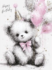 Adorable White Teddy Bear Illustration in Party Hat with Pink and Silver Glitter Balloons, "Happy Birthday" Script, Charming Design for Children's Cards, Celebrations