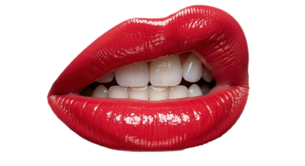 Captivating close-up of glossy red lips with perfectly white teeth, exuding confidence and glamour for beauty and fashion campaigns