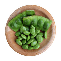 Top view fresh petai or stink beans in wooden plate on transparent background