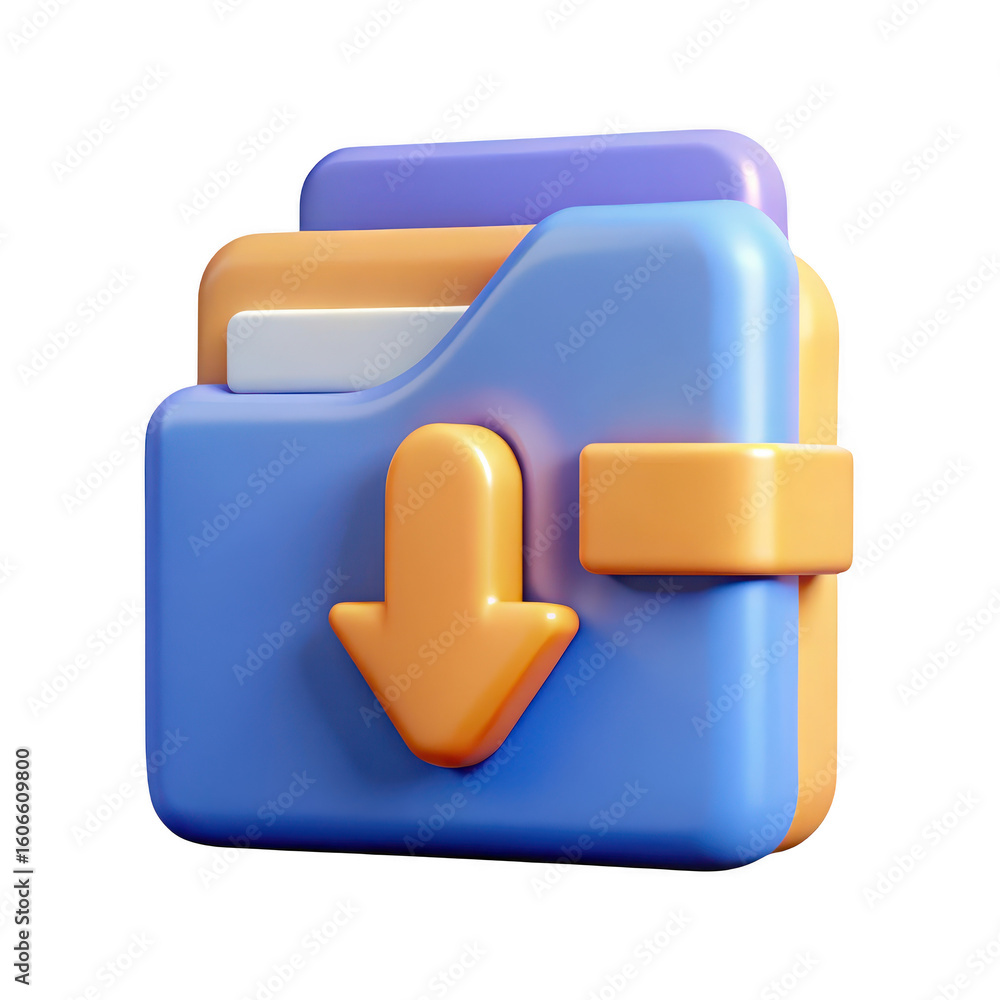 Poster stylized 3d folder icon with downward arrow symbolizing data transfer and storage isolated on transp