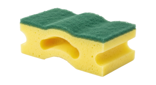 Brilliant dual-action cleaning sponge with green scrubbing surface and yellow absorbent foam for effortless dishwashing and household tasks