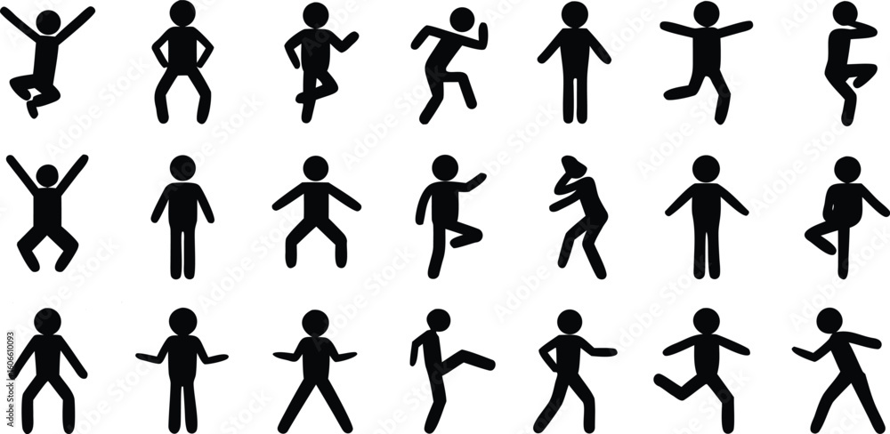 Poster vector art of a collection of black stick figure people in various dynamic poses and actions isolate