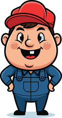 Naklejka premium Cartoon character smiles, standing confidently. Red cap, overalls, and missing tooth. Mascot, worker, cute, happy, illustration, character design, tradesman, handyman.