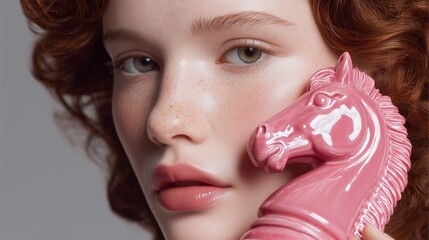 Close-up of a woman with red hair holding a glossy pink horse sculpture against her cheek, creating a serene mood.