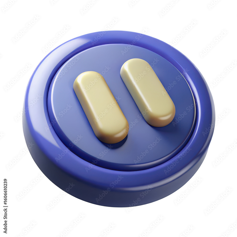 Poster glossy blue circular button with two yellow rounded rectangular elements isolated on transparent bac