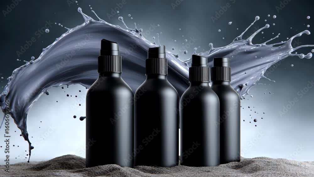 Poster black spray bottles arranged in a row with dynamic splash of gray liquid behind them, showcasing mod