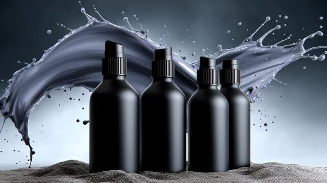 Black spray bottles arranged in a row with dynamic splash of gray liquid behind them, showcasing modern design and sleek aesthetics, ideal for product promotion and branding purposes