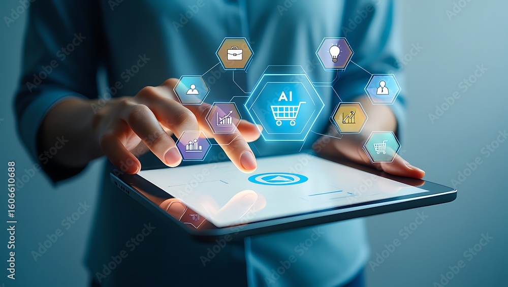 Poster person using tablet with futuristic ai interface and digital icons above