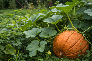 Orange fresh pumpkin in garden