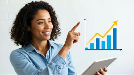 Smiling african american woman pointing at rising bar chart and arrow graph. Business growth and success. Finance, investment and data analysis concept for banner - Powered by Adobe