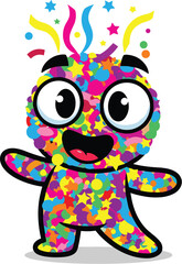 Confetti monster celebrates with smile and open arms. Cartoon character, joy, cheerful, celebration, party, greeting, mascot, fun, colorful, design, happy, funny, confetti