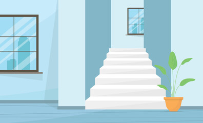 Interior of empty apartment with stairs and windows. Sale, rent of real estate. Commerce.