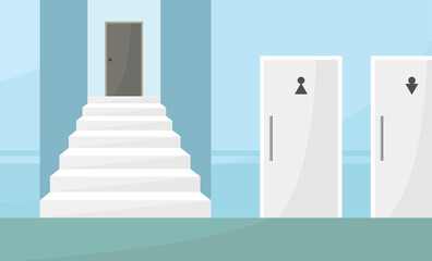 Interior of empty corridor with toilets, stairs and service entrance. Commercial real estate. Rent.
