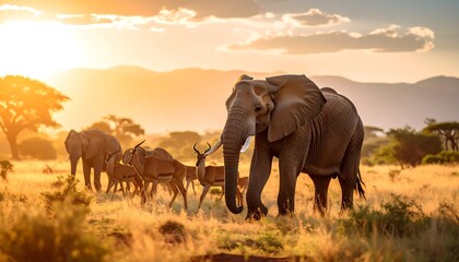 African sunset panorama with elephants and gazelles