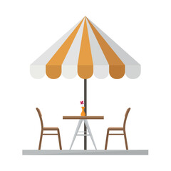 Open terrace with umbrella, table, chairs and vase with flowers. Place for eating and relaxing.