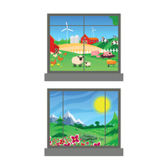 Window icons with landscapes on white background. Farm and mountains. View from the window.