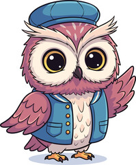 Fototapeta premium Cartoon owl waves wearing a hat and jacket. Cute bird, animal illustration, character, fashion, adorable, whimsical, feathered.