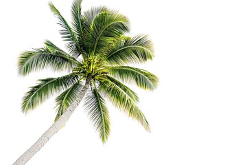 Palm tree with coconuts isolated on white, view from below against sky
