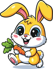 Obraz premium Cute bunny holds carrot, smiling cheerfully. Cartoon rabbit, adorable, easter, mascot, happy, fun, pet, animal, nature, spring, farm, children, fairytale, design, art