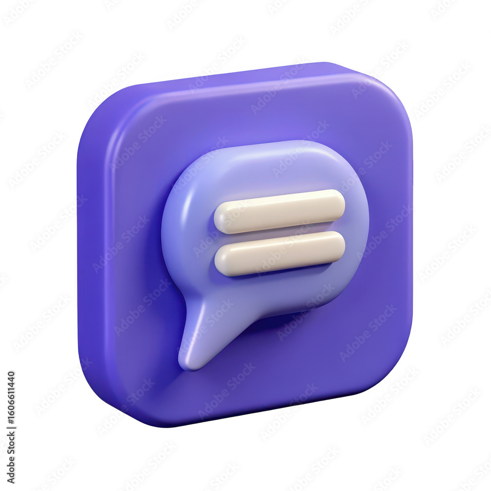Poster modern 3d purple chat bubble icon with two horizontal lines representing text message communication 