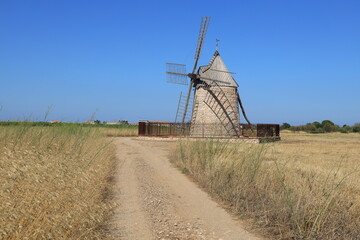 Fototapeta premium Dusty path leading to Moulin de Claira, a restored windmill near Claira in Pyrénées-Orientales department, southern France