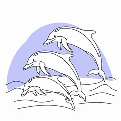 Obraz premium Three dolphins swimming and leaping in ocean waves with blue background 