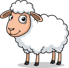 Cartoon sheep smiling. Farm animal, wool, livestock, cute, happy, funny, character, mammal, pasture, agriculture, spring, lamb, domestic, fluffy, nature.