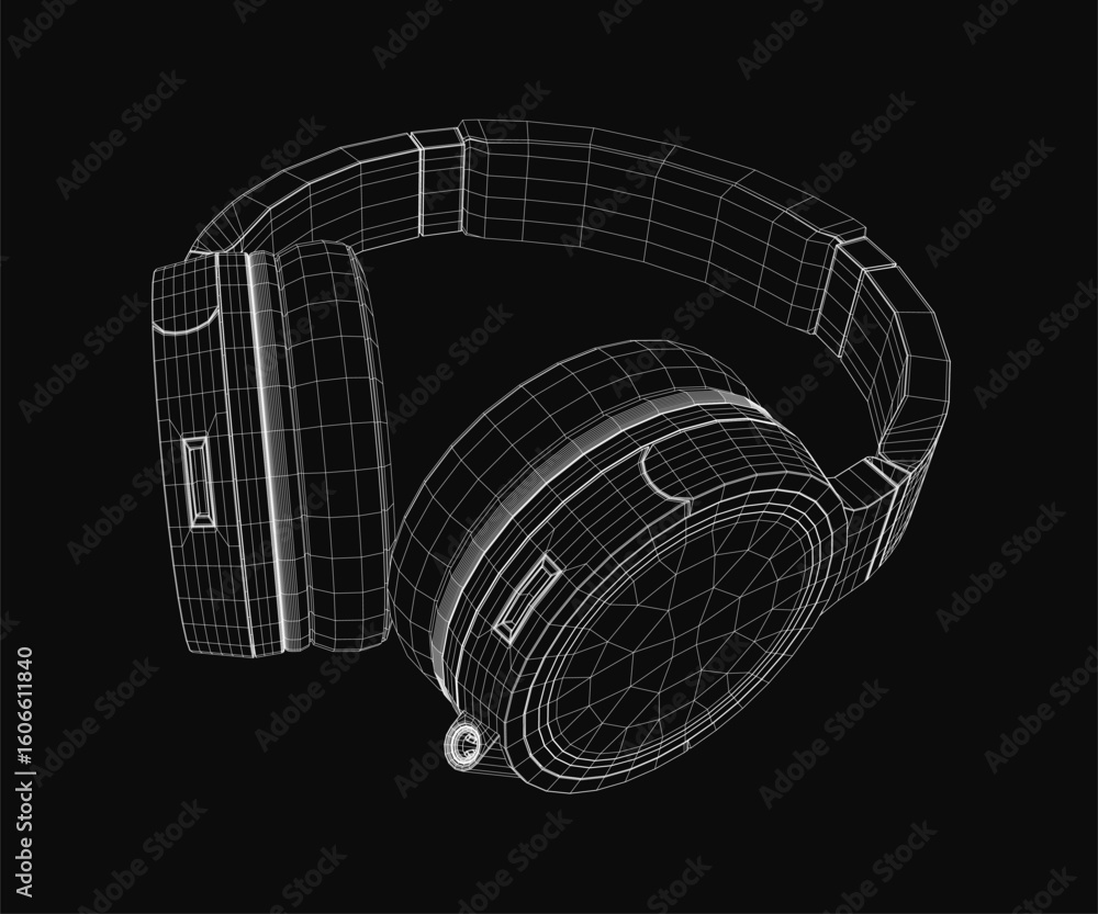 Aufkleber wireframe headphones rendered in 3d with realistic details, showcasing intricate mesh structure on a
