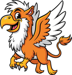 Obraz premium Cartoon griffin struts cheerfully, wings unfurled. Mythical creature, fantasy, heraldic, emblem, animal, legend, mascot, beast, cute.