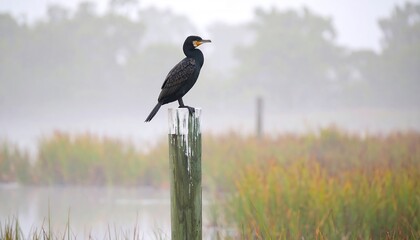 A cormorant perched on a post in a misty marsh