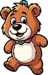 Obraz premium Cute cartoon bear walking, smiling. Character, friendly, animal, mascot, cheerful, playful, happy, childhood, design, illustration, humor, comic, fantasy