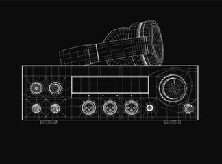 Fototapeta premium A 3D wireframe model of a stereo amplifier on a black background, showcasing detailed knobs, buttons, and input ports. The blueprint-style rendering highlights the audio equipment's technical design.