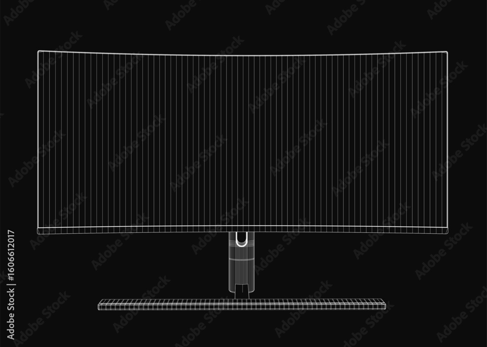 Poster a computer monitor displayed on a sleek black background features a detailed wireframe outline. the 