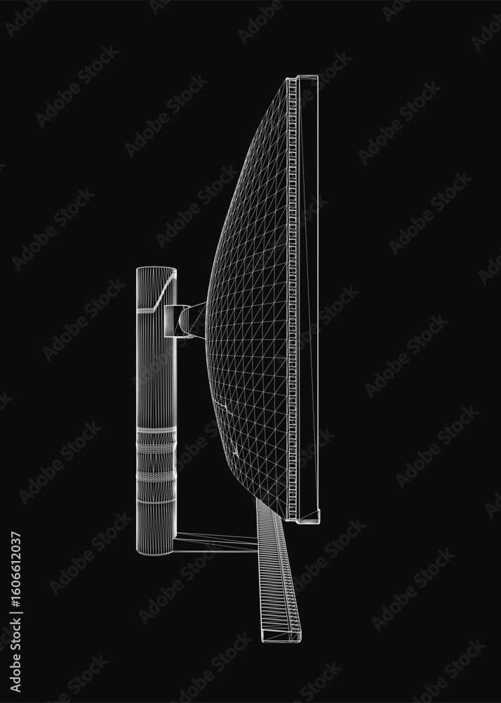 Poster a computer monitor with a transparent wireframe design sits on a sleek black background, showcasing 