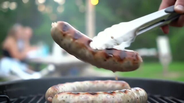 A person flips a juicy bratwurst sausage with tongs on a hot charcoal grill during a summer cookout