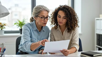 Senior manager mentoring young female colleague, pointing at document in modern office. Teamwork and collaboration. Business coaching, training and professional development concept for banner