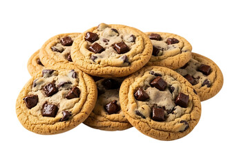 A delicious pile of freshly baked chocolate chip cookies isolated on transparent background