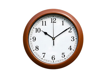 Classic analog wall clock with wooden frame showing time isolated on transparent background