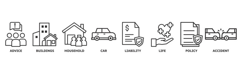Insurance icon set illustration concept with icon of advice, buildings, household, car, liability, life, policy, accident