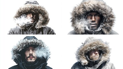 Portraits of individuals bundled in warm winter parkas, exhaling visible breath