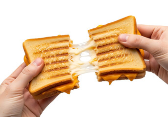 Hands pulling apart a gooey grilled cheese sandwich with melted cheese stretching between the halves isolated on transparent background