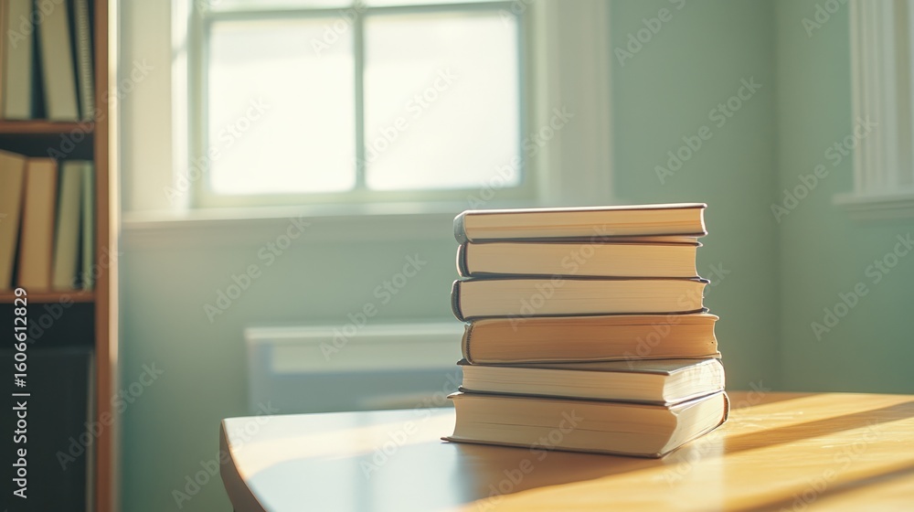 Aufkleber stack of books sits on a wooden table in a sunlit room, with a bookshelf in the background, creating