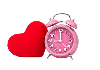 A red heart shape next to a pink alarm clock isolated on transparent background