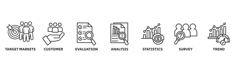 Marketing Research icon set illustration concept with icon of target marketing, customer, evaluation, analysis, statistics, survey, trend