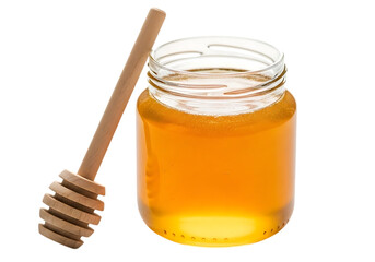 Glass jar filled with golden honey next to a wooden honey dipper isolated on transparent background