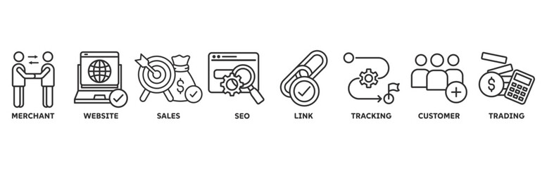 Affiliate Marketing icon set illustration concept with icon of merchant, website, sales, seo, link, tracking, customer, trading