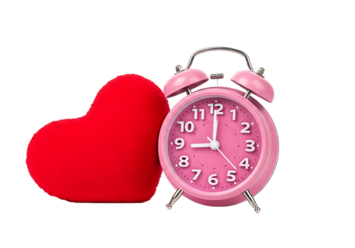 A red heart shape next to a pink alarm clock isolated on transparent background - Powered by Adobe