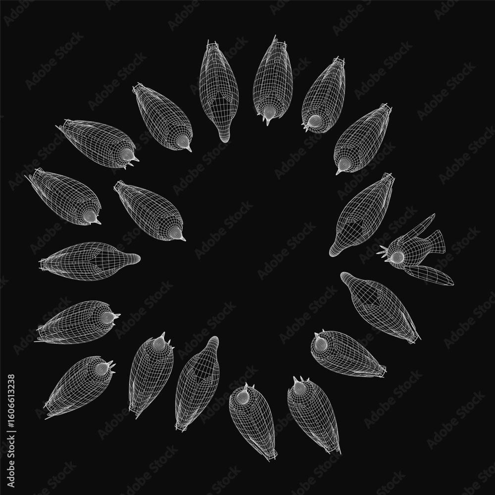 Aufkleber a white-outlined dove wireframe arranged in a symmetrical circular pattern, viewed from above on a s