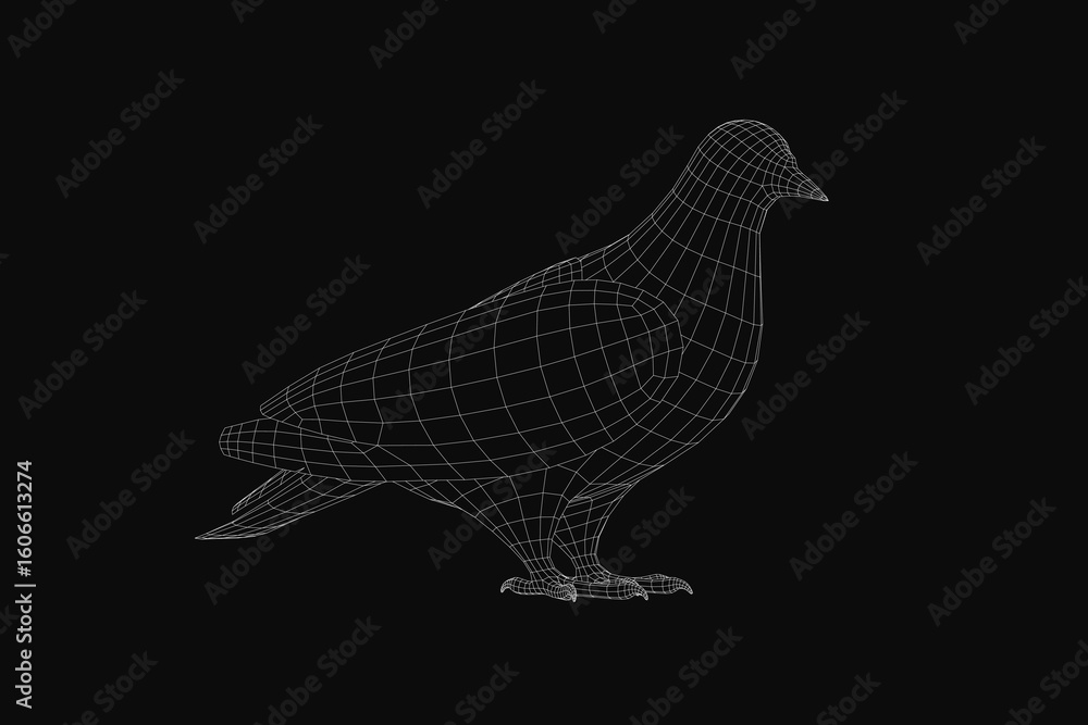 Poster a 3d wireframe pigeon model stands on a black background with realistic detailing. the bird's skelet